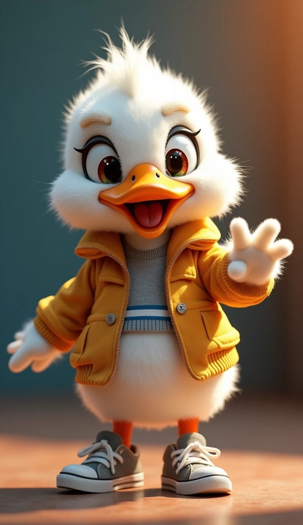 a cute duck with hand raised, wearing a jacket and sneakers, adorable, highly detailed, photorealistic, 8k, studio lighting, vibrant colors, dynamic pose, soft feathers, expressive eyes, detailed texture, realistic materials, whimsical, charming, playful, touching, heartwarming