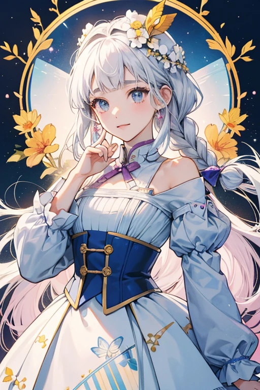 Ayaka's white hair is styled into two braids that are looped outward before wrapping around her head. The chin-length locks of hair framing her face have one white flower on each side above her eyebrows and are tied at ear-level with white-trimmed blue accessories that each have one blue butterfly ornament stuck on top. There are white flowers on her braids. Ayaka also wears a hat decorated with two orange flowers on the left side.
Ayaka wears a coat-like light blue open dress with a dark corset over a white petticoat with white sleeves and a faint silver gradient. The open dress's design includes lightly colored lines seen elsewhere in Inazuma and has general gold accents as well as gold accents in the shape of sakura flowers, and the petticoat has the Kamisato Clan crest faintly patterned at the bottom. The dress also has a white collar and a pink bow on the left shoulder. At the back of her dress are gold-tasseled purple ribbons with the Kamisato Clan crest as well as a large blue bow styled to look like a blue butterfly, with her Vision in the center. Ayaka also wears a ring with a small blue butterfly ornament on her right middle finger. SPARKLE; GLITTER