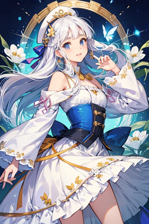 Ayaka's white hair is styled into two braids that are looped outward before wrapping around her head. The chin-length locks of hair framing her face have one white flower on each side above her eyebrows and are tied at ear-level with white-trimmed blue accessories that each have one blue butterfly ornament stuck on top. There are white flowers on her braids. Ayaka also wears a hat decorated with two orange flowers on the left side.
Ayaka wears a coat-like light blue open dress with a dark corset over a white petticoat with white sleeves and a faint silver gradient. The open dress's design includes lightly colored lines seen elsewhere in Inazuma and has general gold accents as well as gold accents in the shape of sakura flowers, and the petticoat has the Kamisato Clan crest faintly patterned at the bottom. The dress also has a white collar and a pink bow on the left shoulder. At the back of her dress are gold-tasseled purple ribbons with the Kamisato Clan crest as well as a large blue bow styled to look like a blue butterfly, with her Vision in the center. Ayaka also wears a ring with a small blue butterfly ornament on her right middle finger. SPARKLE; GLITTER