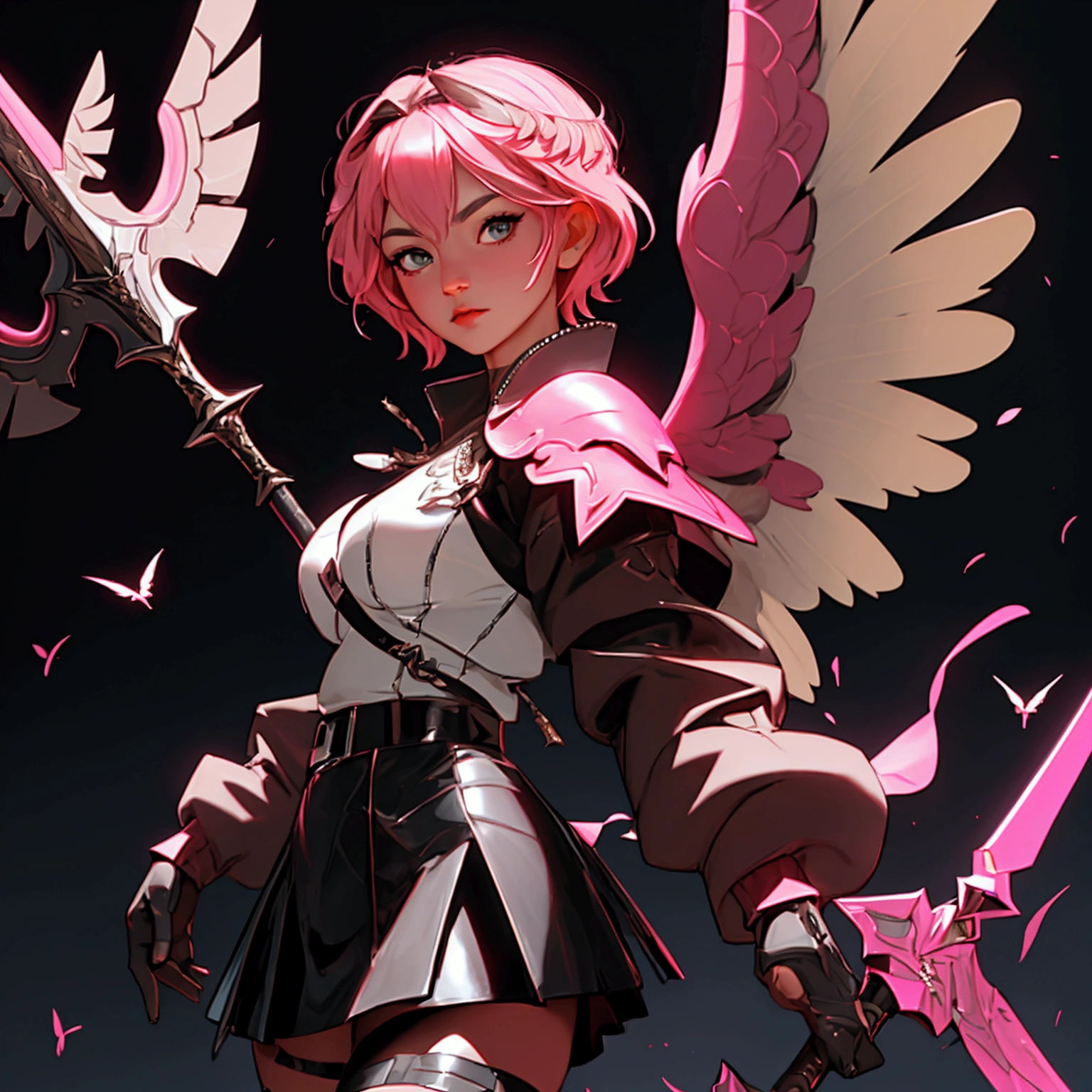 envision a 8k, highres, cinematic, beautiful close up portrait of a hawk woman with pretty mature features posing with a halberd with short pink hair, wings on head, a black shiny skirt, black tights, flight jacket, leather armor, magic effects in dark lighting, against a dark gray background