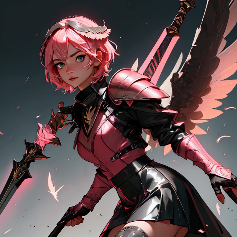 envision a 8k, highres, cinematic, beautiful close up portrait of a hawk woman with pretty mature features posing with a halberd with short pink hair, wings on head, a black shiny skirt, black tights, flight jacket, leather armor, magic effects in dark lighting, against a dark gray background