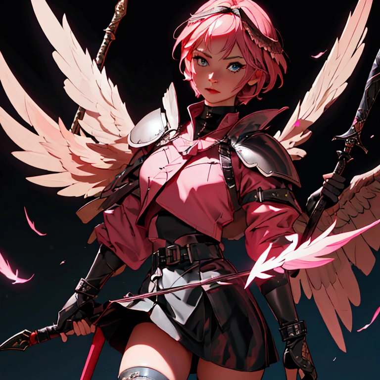 envision a 8k, highres, cinematic, beautiful close up portrait of a hawk woman with pretty mature features posing with a halberd with short pink hair, wings on head, a black shiny skirt, black tights, flight jacket, leather armor, magic effects in dark lighting, against a dark gray background