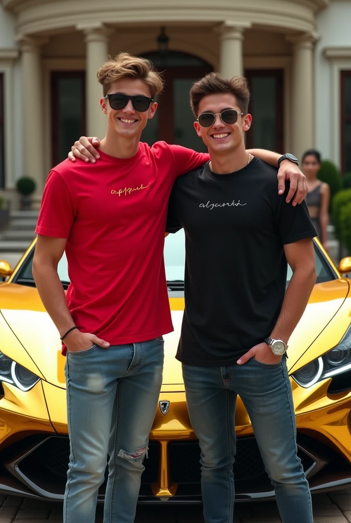 Two real 18yearold boy friends are standing leaning against a golden super luxury car, and all three are wearing different , red, and "black shirts and black pants, and all two have different names on their t-shirts.It is written"G, and "S, the middle boy's hand is on the shoulders of both of them and all three have a watch, sunglasses, he is very handsome, headphone, smiling, strong boys,a beautiful person in the background There is a house and real image