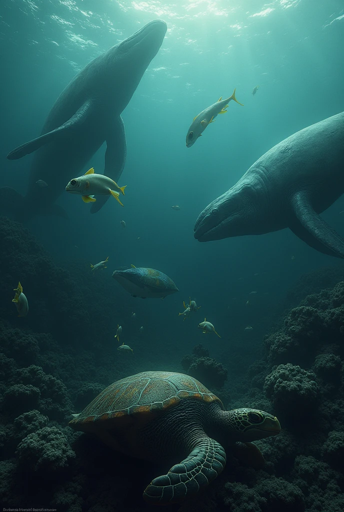 Create an image where marine animals are swimming and some dying due to the oil that is thrown into the ocean