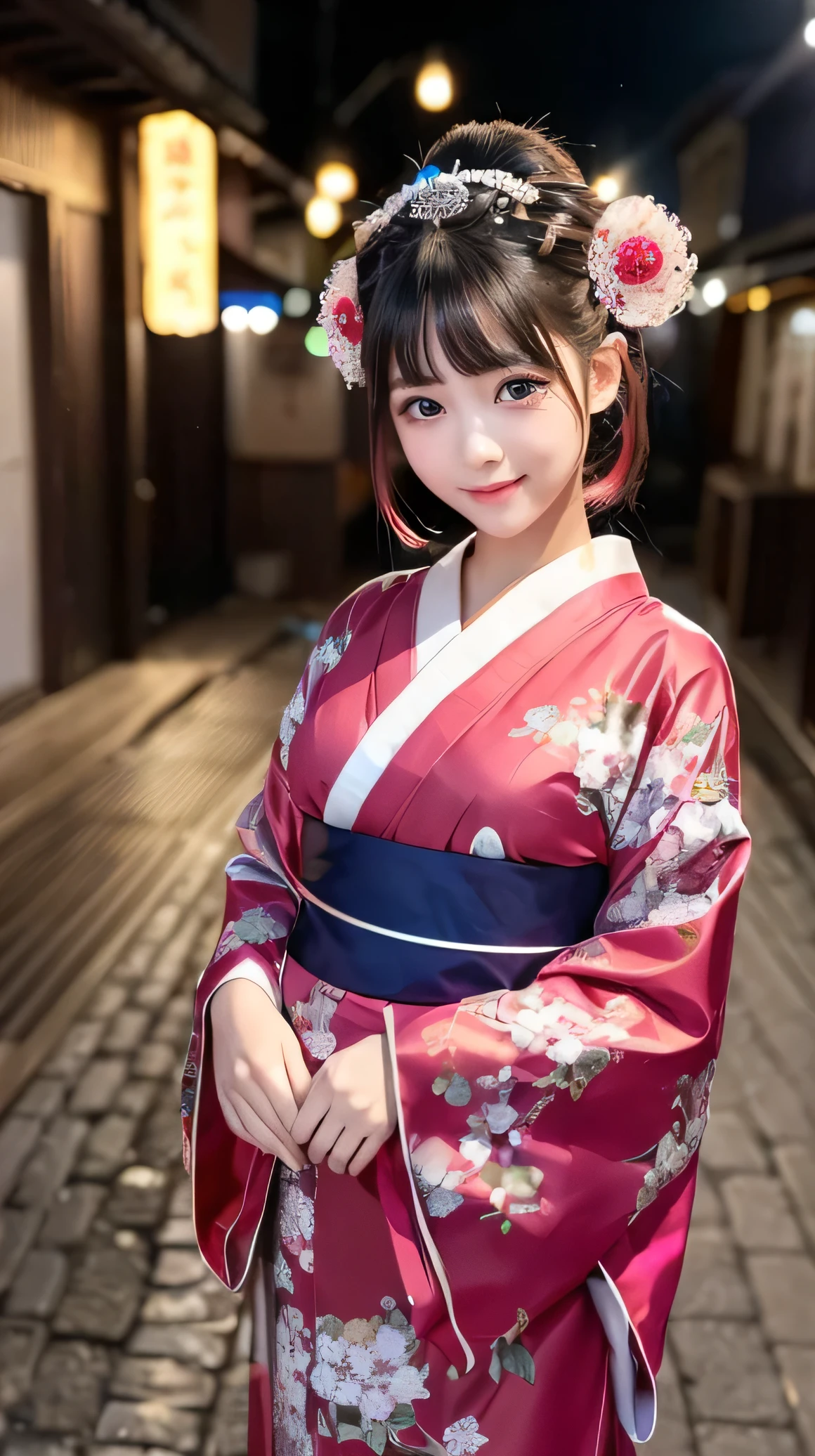 (Very beautiful cute girl), (very cute face:1.2),12 yo, (sparking crystal clear attractive large eyes), beautiful detailed eyes, Detailed double eyelids, (smiling), (realistic photograph:1.2),gorgeous flamboyantly colored apprentice geisha costume, apprentice geisha costume,very beautiful kimono, Costume lighting,in the street