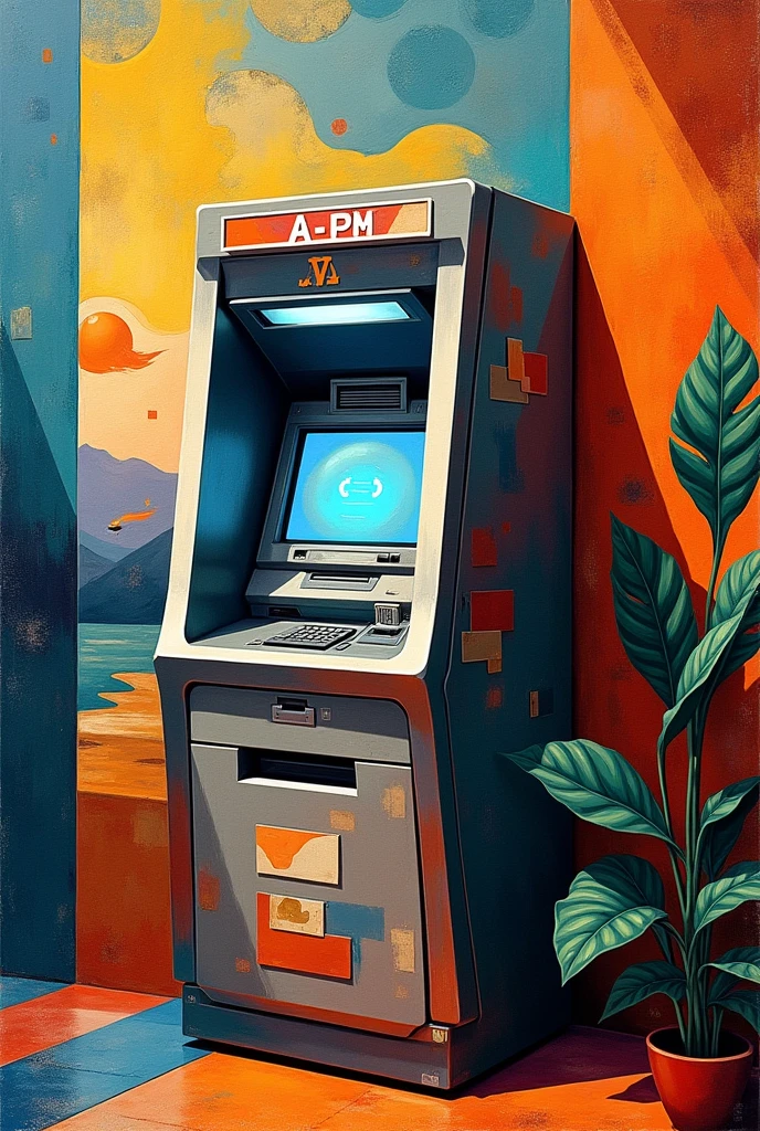 Create a stand on cubism which has as its main object an ATM which represents the people who send these remittances and those who receive them.