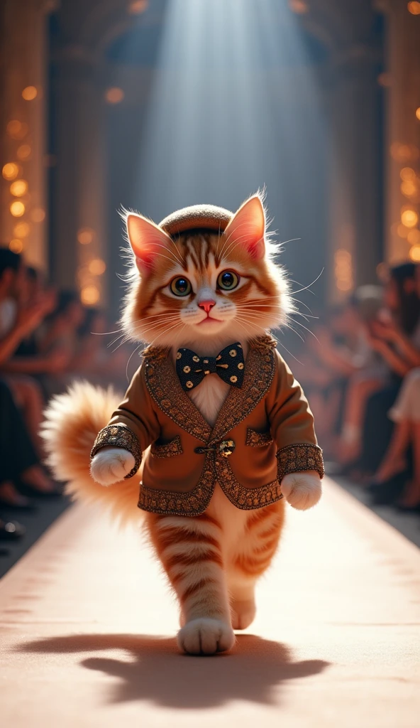 cute cat walking down runway wearing fashion clothes