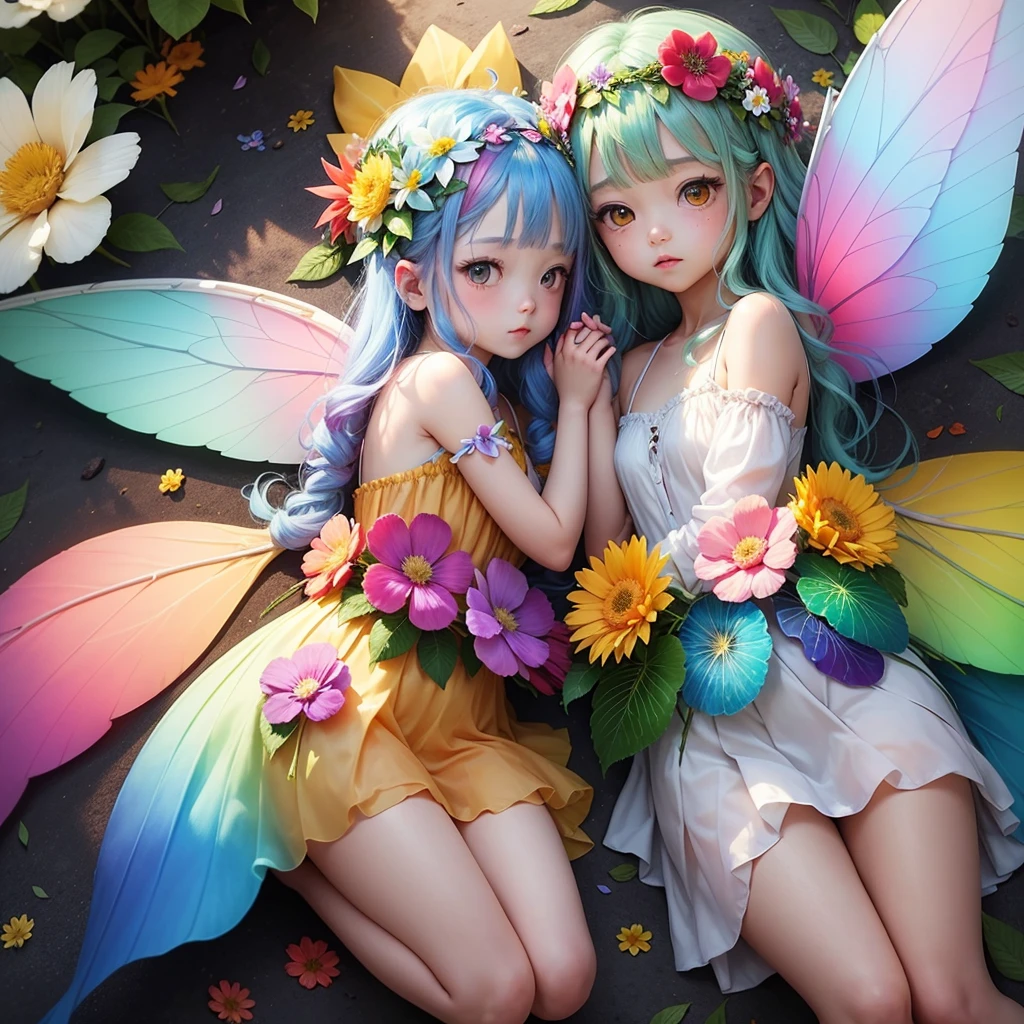 cute little fairy rainbow hair rainbow transparent wings flowers leaves clothes made of leaves flowers flower crown big flower
大きな花 葉っぱ