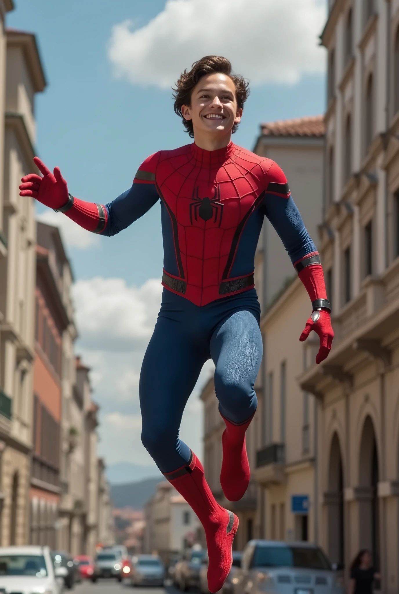 Tom Holland with his cock in the air in his Spiderman suit