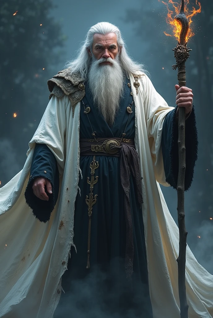 super powerful wizard, brawny, powerful and intimidating posture, long grayish white hair and beard, white flared and torn tunic with black details, open in the middle, black lightining starting from his body and eyes, long upright standing staff with dark flame in the top. the color of his power is BLACK