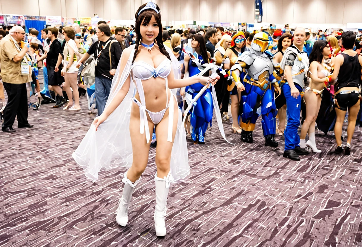 A cute woman in a sexy princess lei cosplay (white, airy, sheer, legs and bust over exposed) is doing a sultry stroll through a crowded comic and sci fi convention, many cosplayers stop and stare