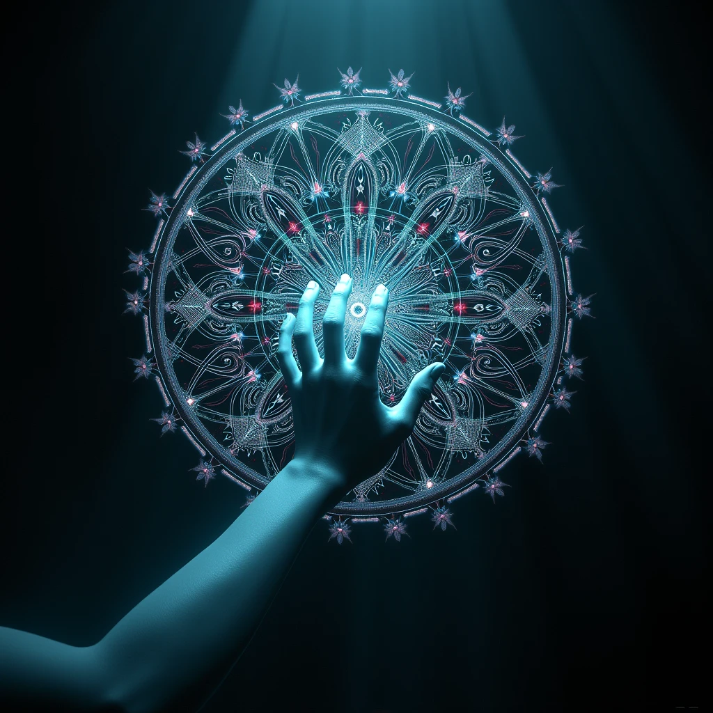 mandala, hand grabbing mandala , generative Art, dark techno 