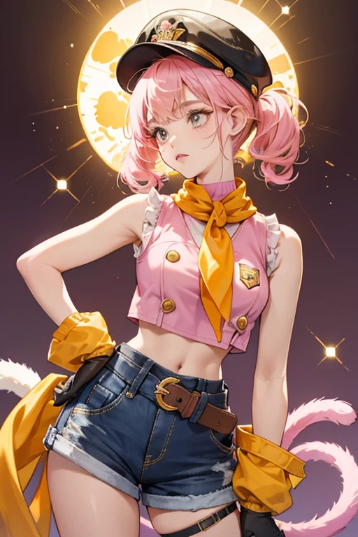 Diona's pink hair center bangs are pulled into a stiff, upwards pigtail at the front of her head.

Diona wears a large dark indigo cap, along with shorts of the same color with gold paw-print decorations. She also wears a dark midriff-baring sleeveless turtleneck shirt with an orange-yellow scarf, pale pink sleeves, a vest of the same color, and white gloves with light pink paw-like patterns on the undersides. In addition to this, she wears a cat collar with her initial written on the tag and an orange handkerchief tied around the base of her tail. Hanging from her waist is a cold drink canteen, attached to which is her Cryo Vision. SPARKLE; GLITTER