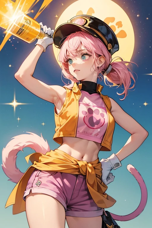Diona's pink hair center bangs are pulled into a stiff, upwards pigtail at the front of her head.
Diona wears a large dark indigo cap, along with shorts of the same color with gold paw-print decorations. She also wears a dark midriff-baring sleeveless turtleneck shirt with an orange-yellow scarf, pale pink sleeves, a vest of the same color, and white gloves with light pink paw-like patterns on the undersides. In addition to this, she wears a cat collar with her initial written on the tag and an orange handkerchief tied around the base of her tail. Hanging from her waist is a cold drink canteen, attached to which is her Cryo Vision. SPARKLE; GLITTER