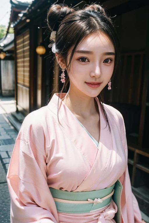 (Two pure Japanese girls,), (Small breasts:1.5,),(alone,,Textured skin, Detailed skin,Detailed face,Detailed eyes,detailed posing,Natural eyebrows,Sparkling eyes,Attention to detail, Highest quality, Very detailed, Surrealism, ,8k,RAW Photos,Photographicism,Professional Lighting,Ray Tracing,Portrait Photography,Soft Light),((Black Hair, Natural Makeup,Simple Earrings, Bun Hair,smile)),(((Pink-based kimono,Walking around the old town,Eating around,Chest girth, )))