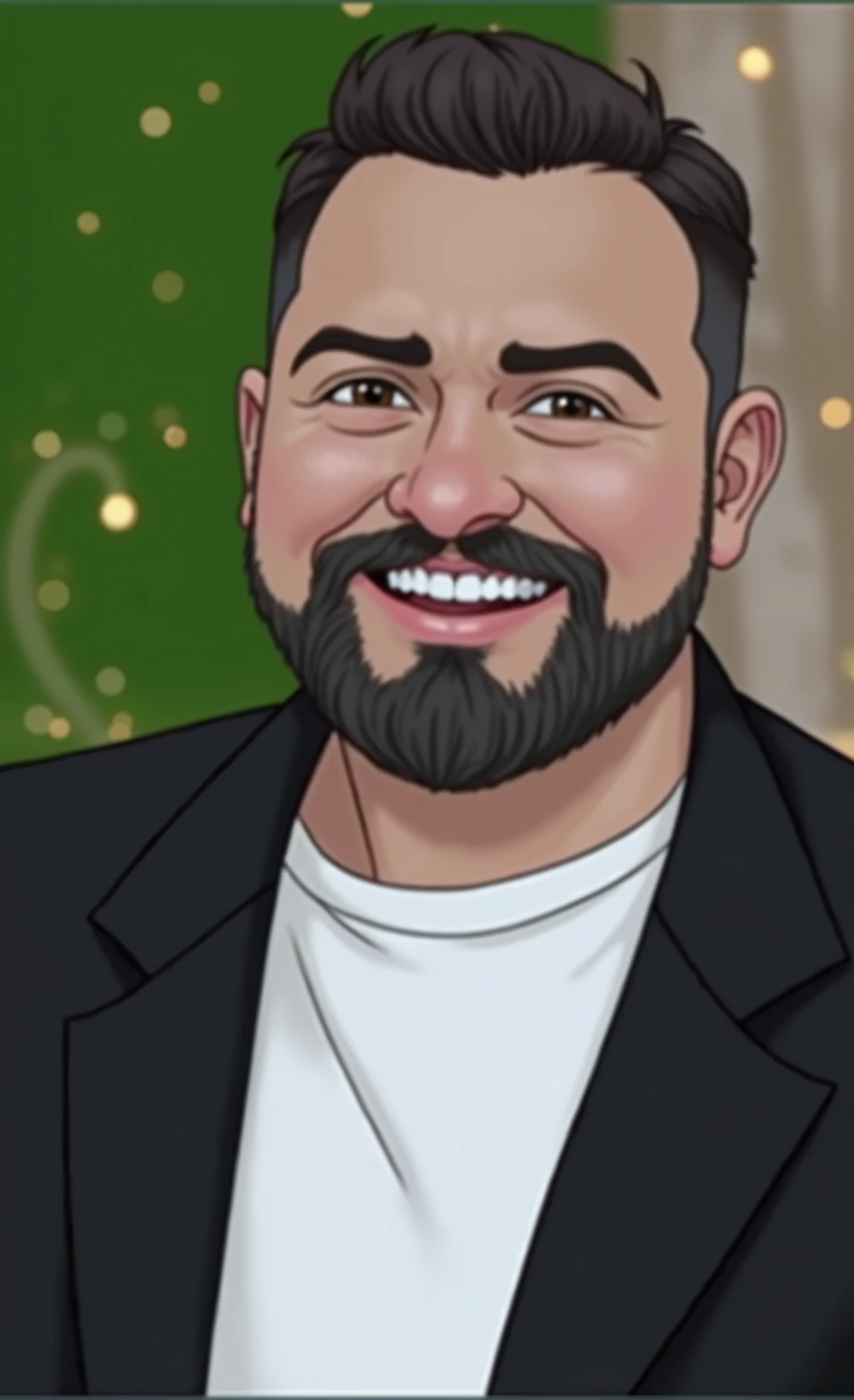 Use the man in the inspiration image, insert a woman into the scene, his wife and 3 ren, everyone smiling like a happy family, use a house and trees as a background, create image in Disney character style