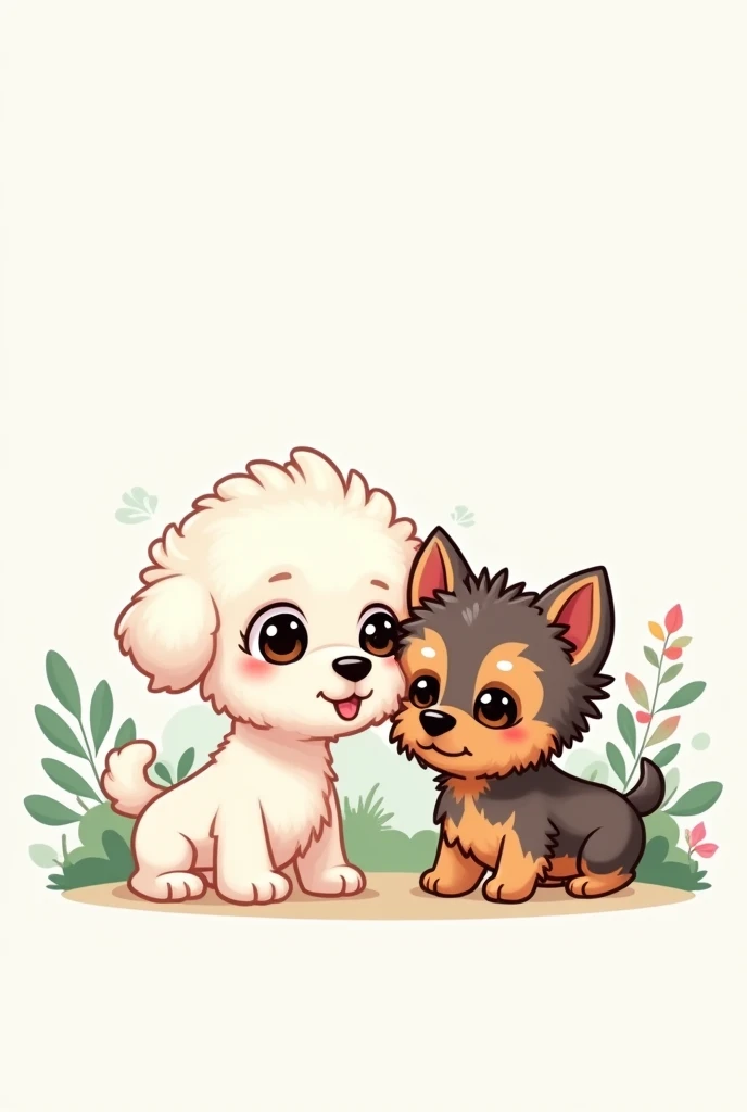 Prompt for illustration:
styled: Chibi Characters:
Little puppies:
White Poodle with Dark Brown Eyes.
Yorkshire with short, spiky hair and upturned ears, with brown fur with some black and gray. She is a little smaller than the poodle.
Scenario: White background with subtle nature elements, like green leaves, small shrubs and maybe some flowers.