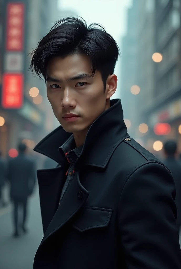 Young korean detective man, handsome, stern, serious face