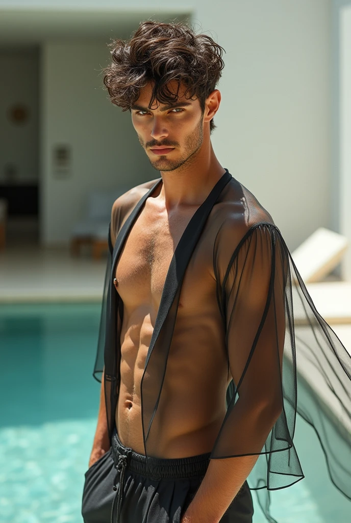 Captivating presence radiates from the fusion of Sean O'Pry and Lucky Blue Smith, forming an irresistible allure. This mesmerizing medium wide shot beautifully captures the raw beauty of a 1man 18-2 man exuding a truly masculine aura. ((showing off his thick semi hard bulge)), (transparent, see through, sheer fabrics, man Thongs), ((smooth skin with real human skin details)), he effortlessly embodies a relaxed yet stylish charm that captivates the viewer's gaze. Against the enchanting backdrop of the modern futureristic house, every detail becomes a testament to the photographer's artistry, from the play of light and shadow on his skin to the subtle breeze that rustles his fashionable outfit. This photo transcends reality, inviting the viewer to immerse themselves in the surreal ambiance and evoking a sense of wonder, high-quality photo, ((full length portraits shot with a Canon RF 24-70mm f/2.8 L IS USM Lens)), boasts high resolution and realism, with an ultra-realistic:1.3 and photorealistic:1.4 rendering, by Roberta Krasnig, exceptional definition, natural tones, and intricate details, enveloping the viewer in its undeniable beauty. The expert use of lighting adds depth and mystique to the scene, enhancing the viewer's experience. Through advanced rendering techniques, the artistry comes to life, providing an immersive and captivating visual journey. This masterpiece transports the audience to the modern where the model seamlessly embodies timeless elegance, harmoniously blending with the ethereal beauty of male supermodel, white underwear with percum dripping out off,