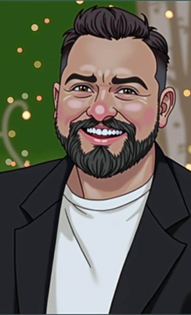 Use the man in the inspiration image, insert a woman into the scene, his wife and 3 children, everyone smiling like a happy family, use a house and trees as a background, create image in Disney character style