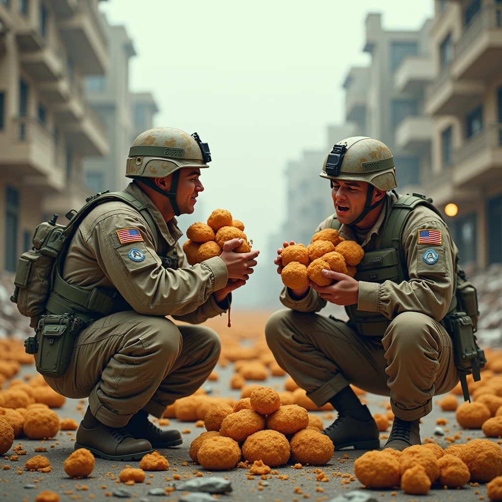 Draw US soldiers eating giant chicken nuggets in the middle of a destroyed city