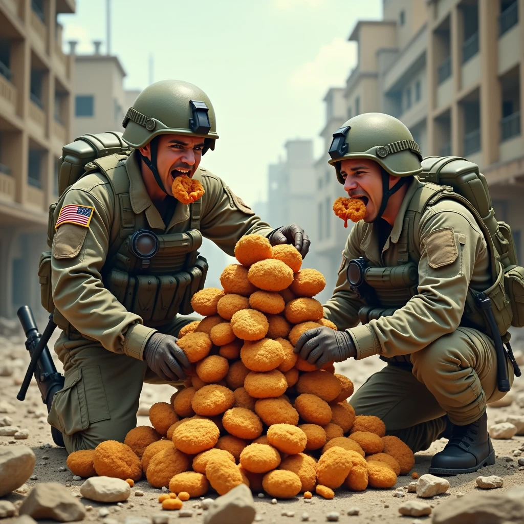 Draw US soldiers eating giant chicken nuggets in the middle of a destroyed city