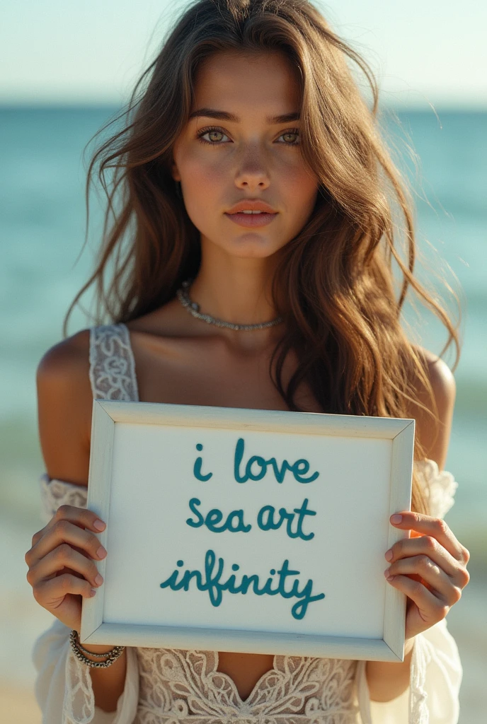 Beautiful girl with wavy long hair, bohemian dress, holding a white board with text "I Love Seaart Infinity" and showing it to the viewer