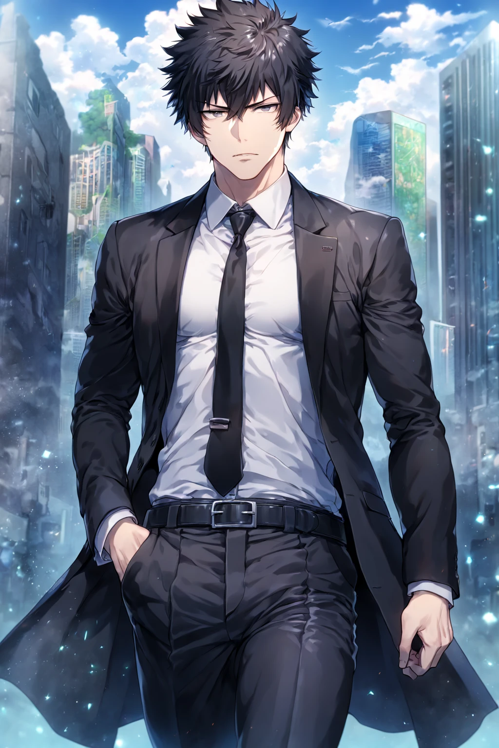 absurdres, highres, ultra detailed, HDR, master piece, Kougami Shinya, black hair, expressive gray eyes, black jacket, white shirt, black necktie, Psycho Pass, sexy man, handsome, best quality, fantasy, magical, solo, sensual, city, clouds, blue sky, manly man, black pants, black belt