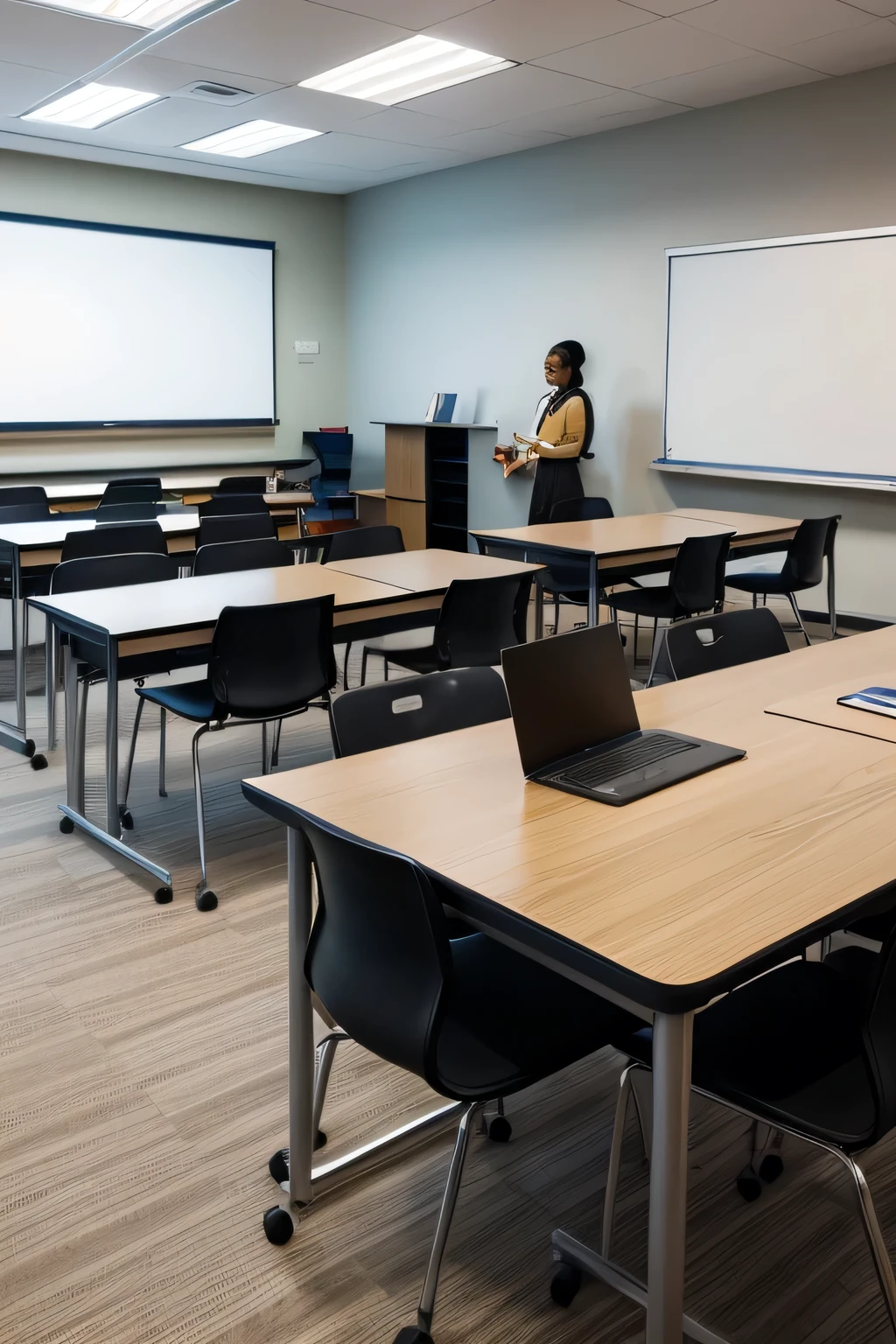 A modern classroom, ultra realisitic, well lit, full of life and diversity. Students of various ethnicities, including blacks and whites, are sitting in comfortable chairs, paying attention to what's happening at the front of the room. Everyone is wearing shirts with the logo "Easycomp Hose". In the center of the room, two instructors—a man and a woman—are standing, explaining concepts with enthusiasm. The man is black, and the woman is white, both smiling and gesturing as they teach. There are computers on each desk and some students are typing, while others take notes in notebooks. The living room is spacious, with large windows that let in natural light, creating a welcoming and inspiring environment. Whiteboards with colorful diagrams and graphs adorn the walls, and the environment is one of concentration and collaboration, with instructors assisting.