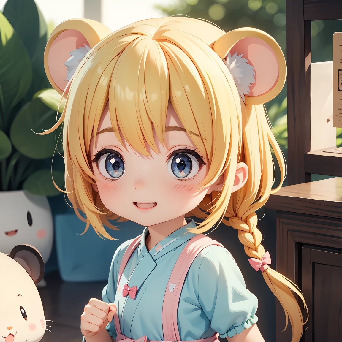 Super Chibi Character:1.8、Blonde Hair、Cute girl、Cute Costumes、Super Chibi Character:1.8、Super Smile、Has mouse ears on his head
