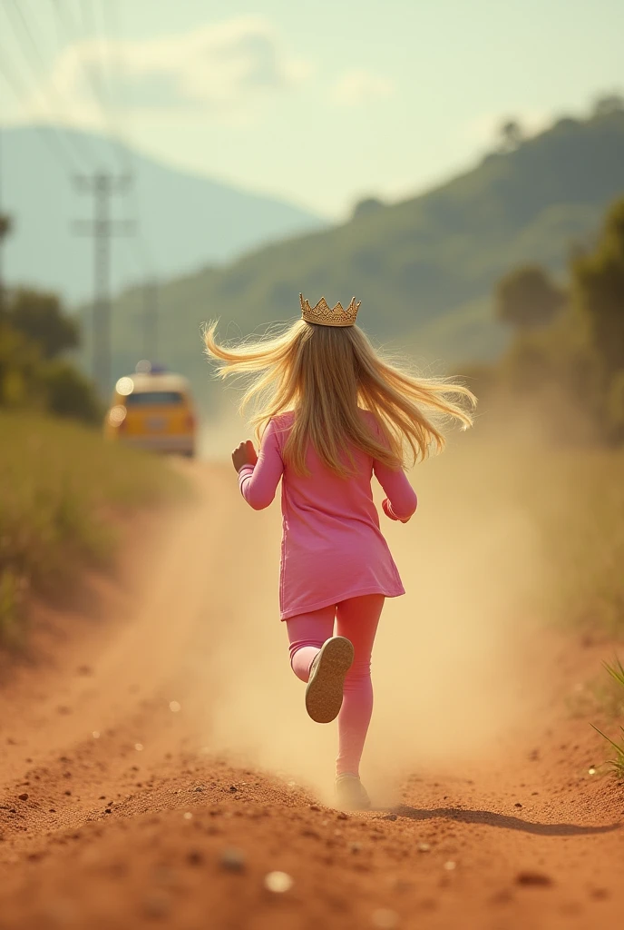 Serra Gaucha, dirt road with dust in the air,  blondie girl run , pink outfit, tiara on her head with her back to the scene, a taxi yelow with her back to the scene. Low angle