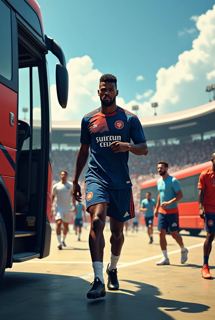 Black European football player , leaving the club sports bus, sports environment