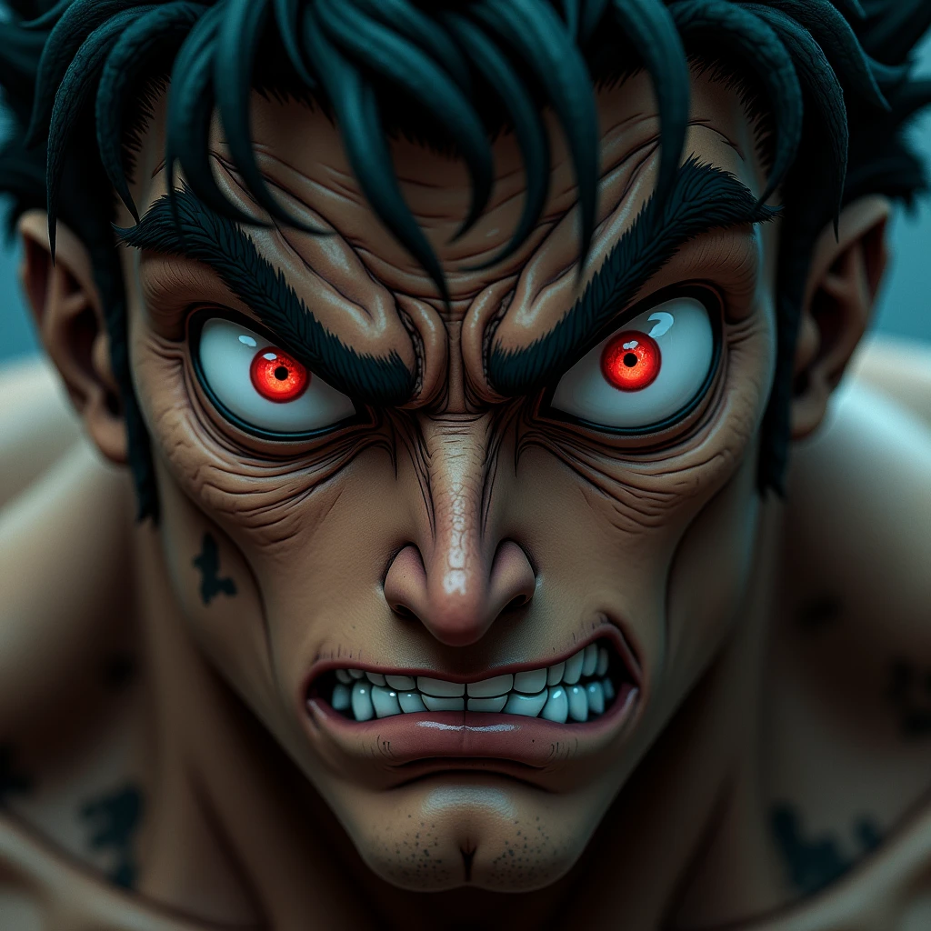 jojo&#39;s bizarre adventure style、Angry、dark face、Beautiful Eyes、Close-up in the eyes、Muscular、Realistic people、Textured skin, movie, movie撮影, Simple Background