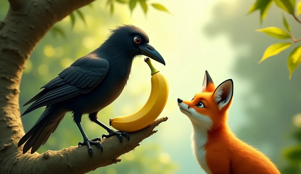 Image Description: A crow is perching on a tree, with a large piece of banana in its beak((crow biting banana)). Under the tree, a fox is looking at the crow curiously.
Fox Dialogue (in the heart):
“That banana looks delicious.. I have to get it.”