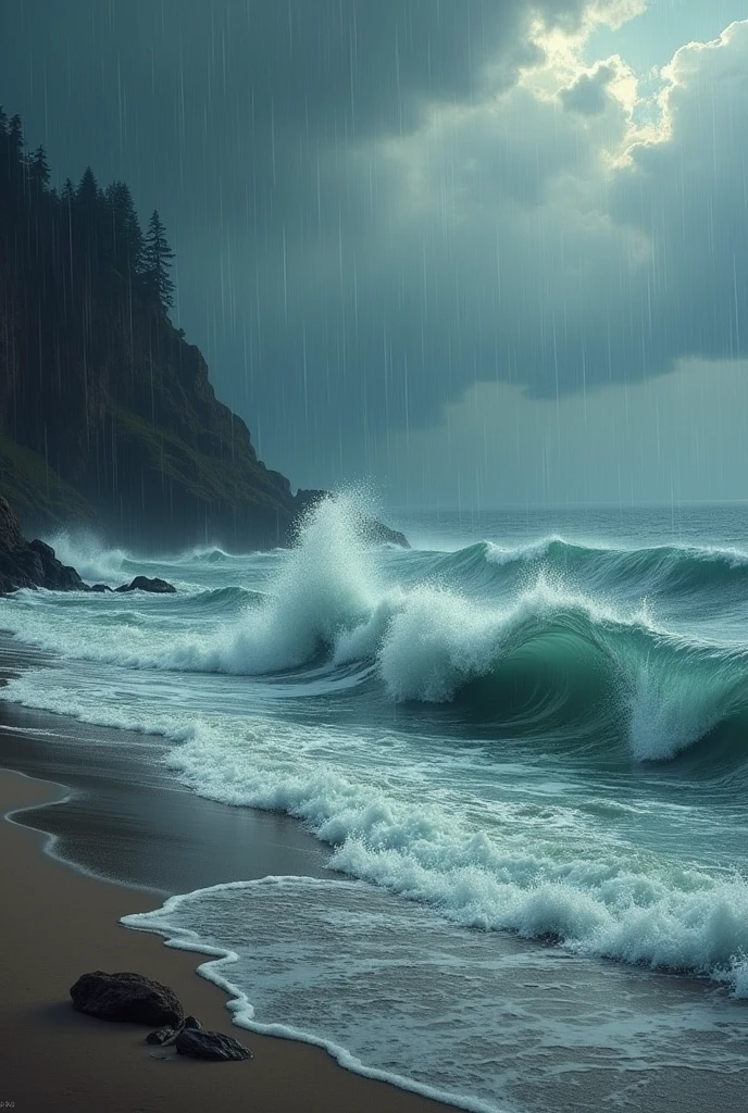 the breaking waves on a rainy afternoon at the beach,