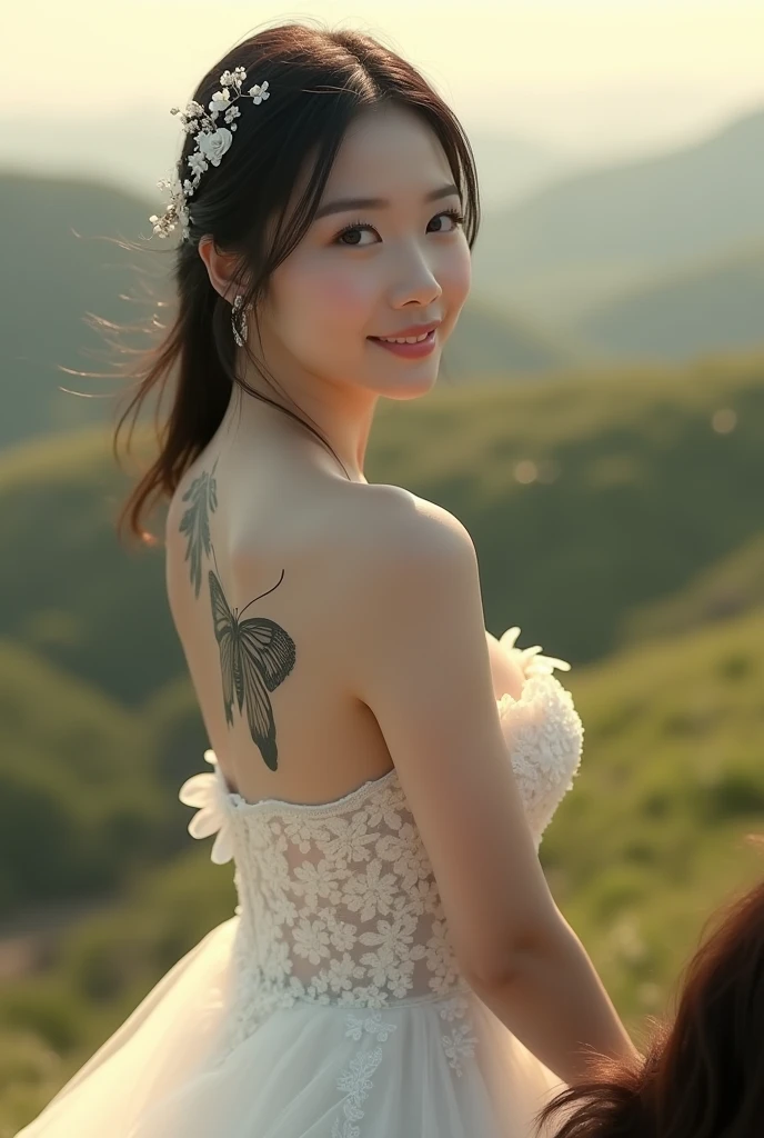 Chinese girl, white skin, shaggy breasts, big breast, 2, happpy face, thick body, sexy body, curvy waist, sunny morning, milky white skin, a butterfly tattoo on the shoulder back, a big flower tattoo on the thigh, there is a tatoo says "Thasya" on the lower arm, sexy transparent bride gown, riding a horse on the hill, on the green hill, nakeness, full body, beautiful nail arts, showing her white tighs, black hair, straight hair, sexy toe, camera from bottom, full body from toe to head, full body