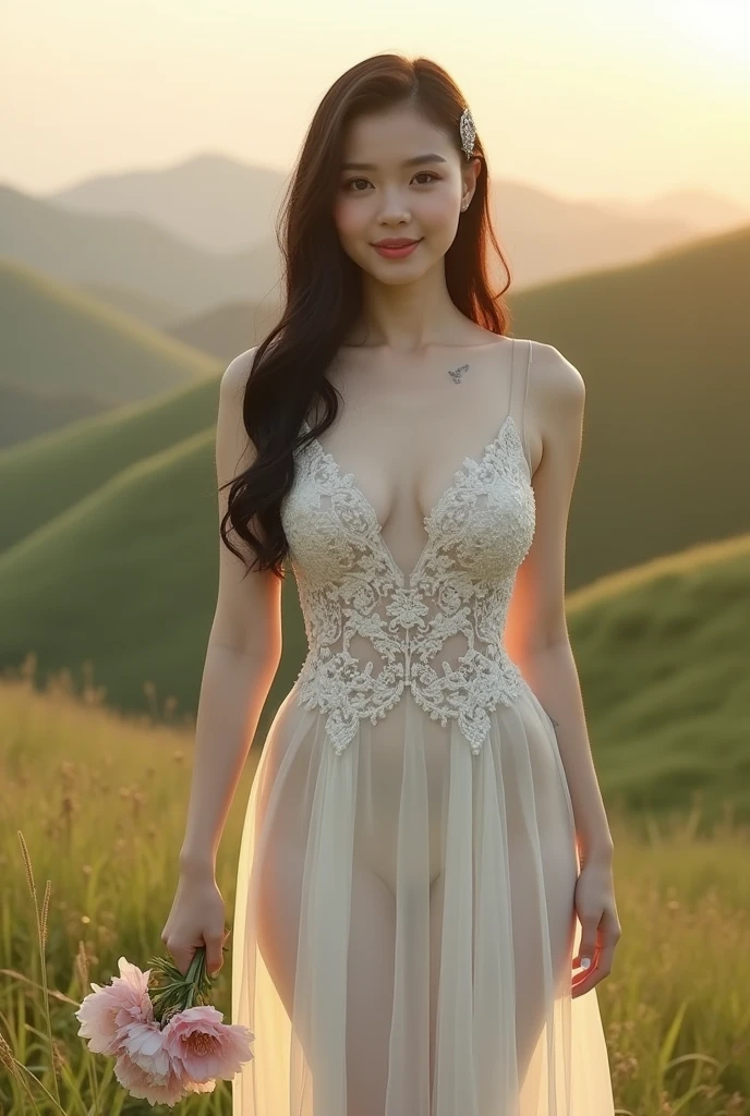 Chinese girl, white skin, shaggy breasts, big breast, 2,  happpy face, thick body, sexy body, curvy waist, sunny morning, milky white skin, a butterfly tattoo on the shoulder back, a big flower tattoo on the thigh, there is a  tatoo says "Thasya" on the lower arm, sexy transparent bride gown, riding a horse on the hill, on the green hill, nakeness, full body, beautiful nail arts, showing her white tighs, black hair, straight hair, sexy toe, camera from bottom, full body from toe to head, full body