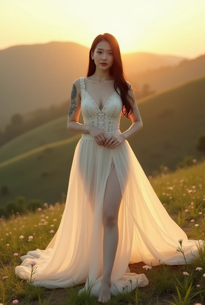 Chinese girl, white skin, shaggy breasts, big breast, 2, happpy face, thick body, sexy body, curvy waist, sunny morning, milky white skin, a butterfly tattoo on the shoulder back, a big flower tattoo on the thigh, there is a tatoo says "Thasya" on the lower arm, sexy transparent bride gown, riding a horse on the hill, on the green hill, nakeness, full body, beautiful nail arts, showing her white tighs, black hair, straight hair, sexy toe, camera from bottom, full body from toe to head, full body