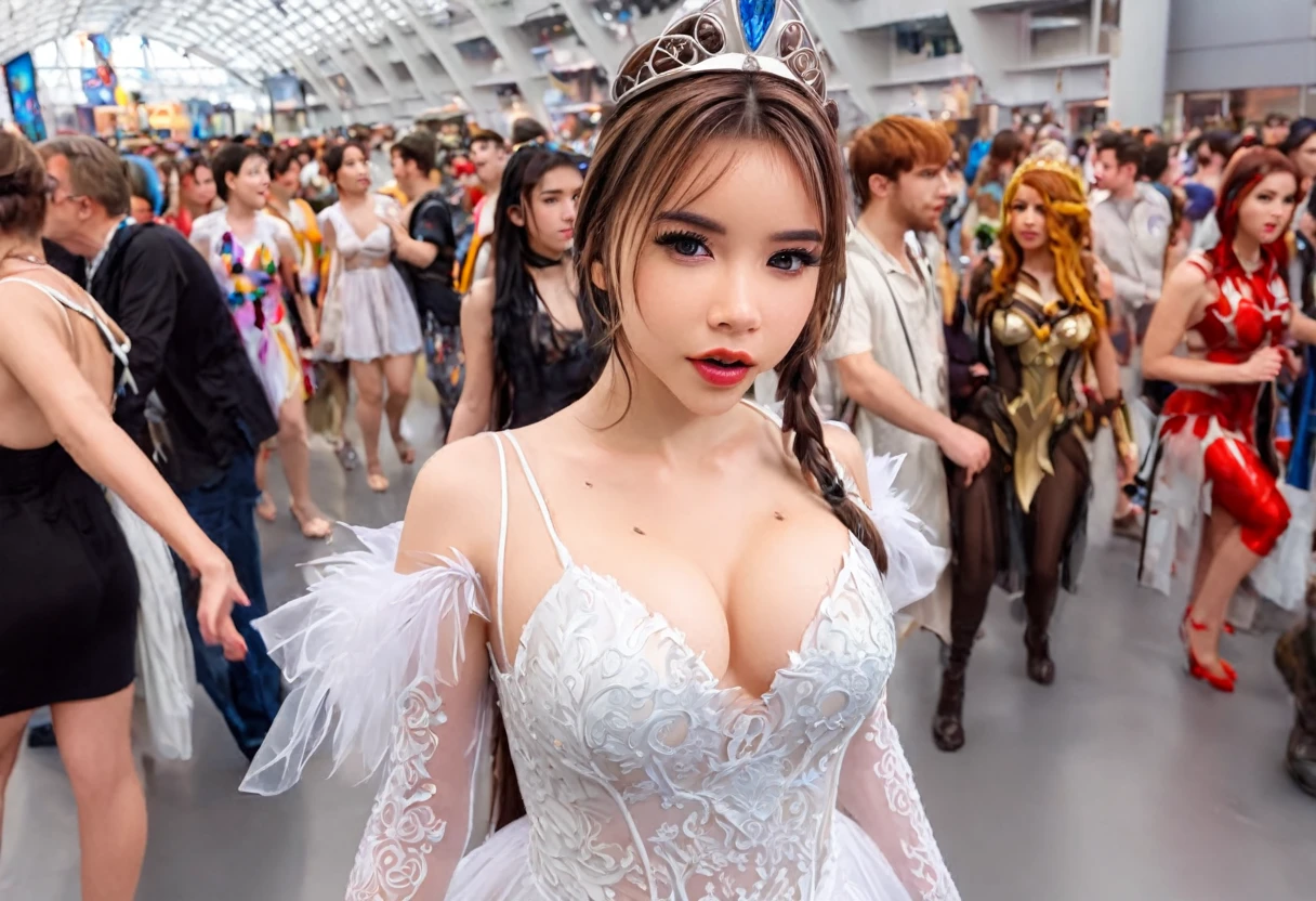a cute woman in a sexy princess lei cosplay, beautiful detailed eyes, beautiful detailed lips, extremely detailed face, long eyelashes, sheer dress, white dress, airy dress, legs exposed, bust exposed, sultry stroll, crowded comic and sci-fi convention, many cosplayers, (best quality,4k,8k,highres,masterpiece:1.2),ultra-detailed,(realistic,photorealistic,photo-realistic:1.37),HDR,UHD,studio lighting,ultra-fine painting,sharp focus,physically-based rendering,extreme detail description,professional,vivid colors,bokeh,portraits,photography, mainly view the cute woman from behind, mainly low angle looking up