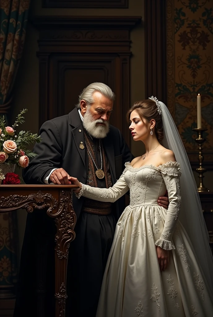 Renaissance wedding with sad young bride wearing white dress with modern elements and rich old man