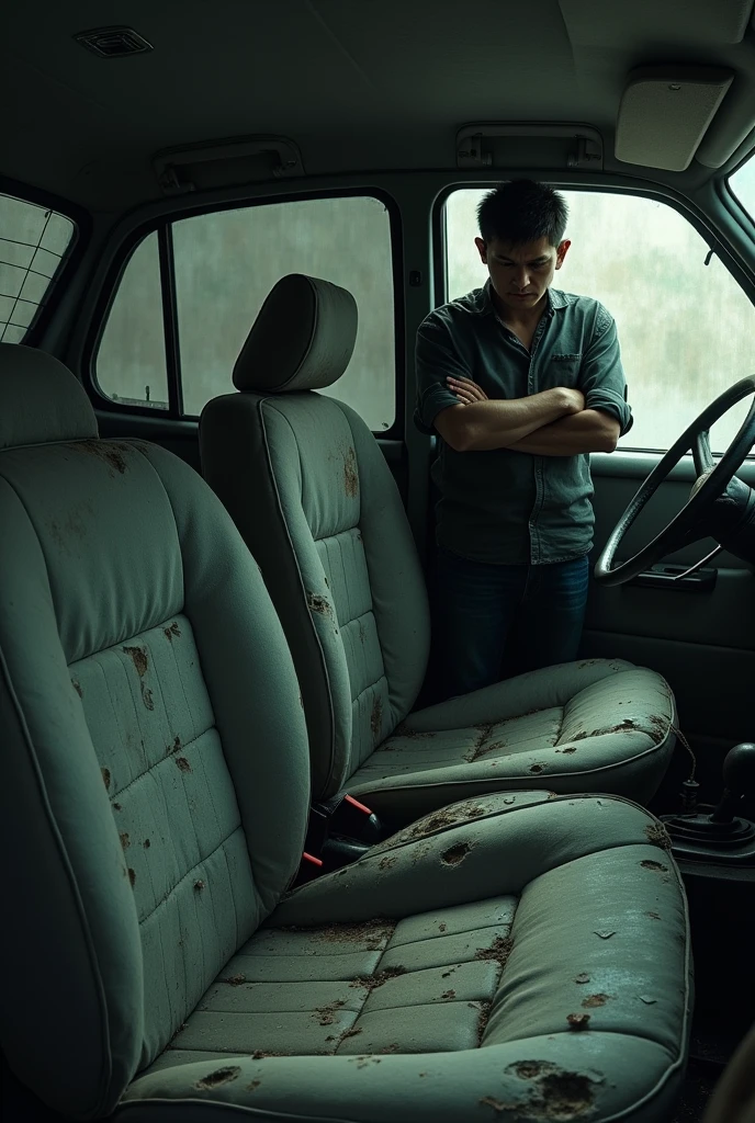 Make a picture of the inside of a car where the seats are full of holes and broken parts and next to it there is a sad or crying man.