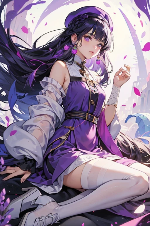 The long part of Qiqi's lavander hair is braided into a long plait.
Qiqi has several fulu talismans stuck on her. Her attire consists of a purple frock and a deep purple beret with a magenta tassel on top and her Cryo Vision embedded in the side. She wears a pair of simple earrings, one black and one white. She also wears black heels and white stockings wrapped in mummy-like bandages. Her fingernails are black. SPARKLE; GLITTER