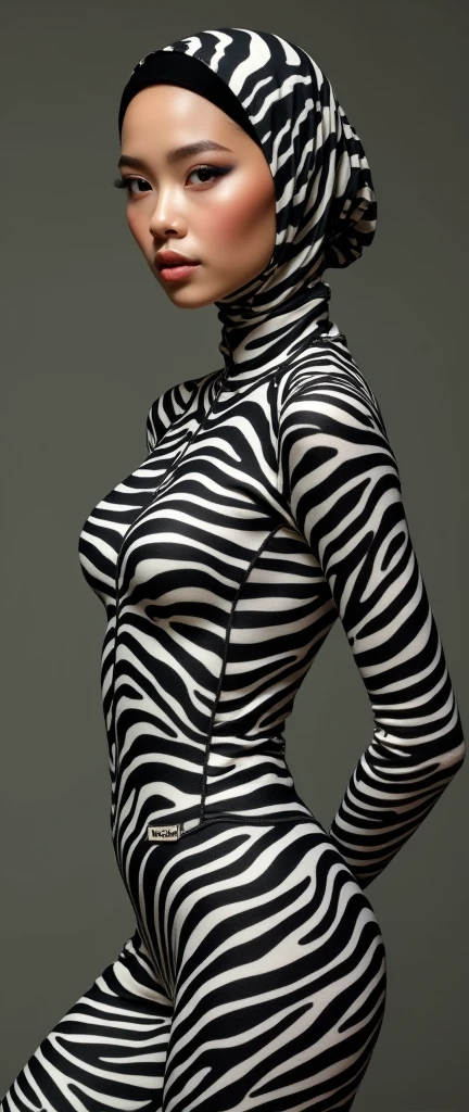 The beautiful,thin,most pretty and clever Asian muslimah woman with beautiful cheeks wears zebra print lycra footed turtleneck unitard catsuit covered with stripes and zebra print lycra elastane stretchy dancewear chiffon hijab covered with stripes.