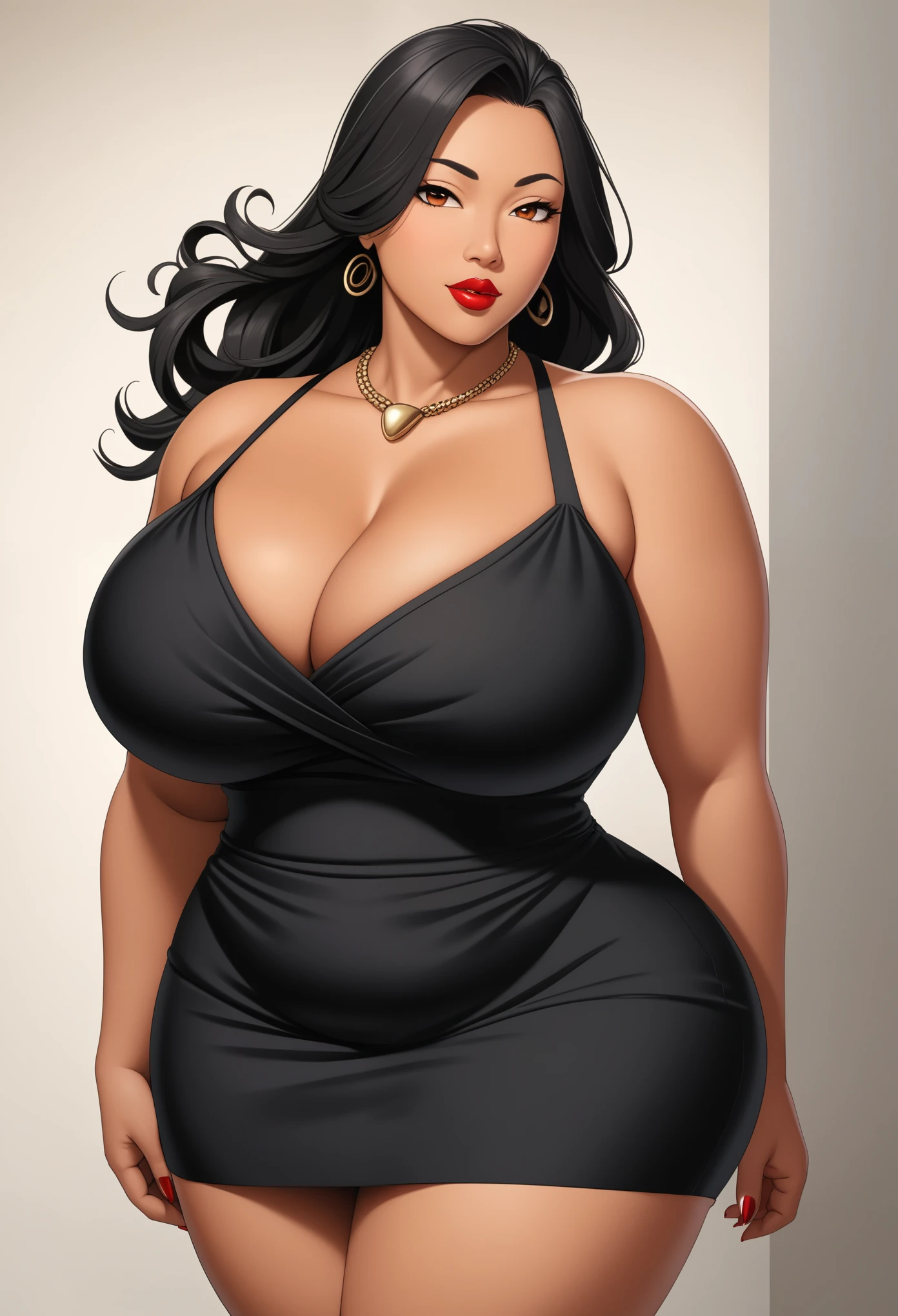 work of art, hope but, absurderes, best qualityer, 4K, detailded, High definition , アニメ, standing alone, mature woman, 40 year old, milf,Mother, chubby, BBW, curved, 小柄, thick, big-ass,top cut, 小柄 skirt, Bblack hair, long hair,curved, neckleace, saggy breasts, Prominent lips, red lipgloss stick,thick, blushful, olive skinned, skin tanned,  extremely sexy.