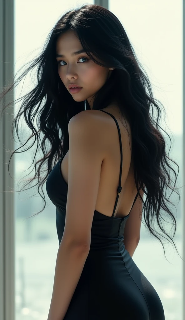 Highest quality, masterpiece, Black Hair, blue eyes, profile, whole body