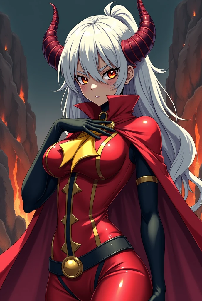 Panty & Stocking style, Thick lineart, sharp edges, score_9, score_8_up, score_7_up, source_anime,cowboy shot, third-quarter view, (scar on face), (scar across nose), scar on nose, skin-cracking on face, solo, 1girl, calamitas, dark skin, grey skin, annoyed, looking at viewer, hand on own chest, white hair, amber eyes, demon horns, gold trim, red cape, red robe, yellow ascot, long sleeves, black gloves, red leggings, gold belt, molten rock, volcano,