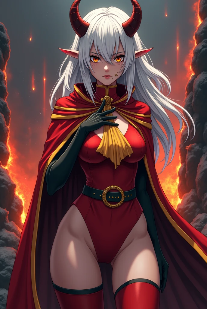 Panty & Stocking style, Thick lineart, sharp edges, score_9, score_8_up, score_7_up, source_anime,cowboy shot, third-quarter view, (scar on face), (scar across nose), scar on nose, skin-cracking on face, solo, 1girl, calamitas, dark skin, grey skin, annoyed, looking at viewer, hand on own chest, white hair, amber eyes, demon horns, gold trim, red cape, red robe, yellow ascot, long sleeves, black gloves, red leggings, gold belt, molten rock, volcano,