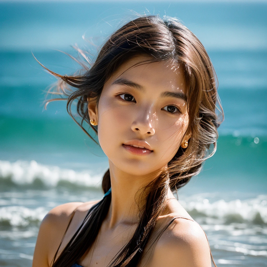 A hyper-realistic image of a single Japanese woman in her early 20s, captured with the nostalgic warmth and pronounced graininess of a film camera, showing her from the shoulders up as she stands on a sunlit beach. Her skin has a warm beige tone with a natural, visibly rough texture that includes pronounced pores, fine lines, and subtle imperfections such as small blemishes, slight unevenness, and a hint of sun exposure, contributing to the authenticity of her appearance. The texture of her skin is intentionally less smooth, with a tangible roughness that enhances the realism, making the surface appear slightly weathered by the elements. The soft, diffused natural light illuminates her face and shoulders with a gentle touch, casting shadows that subtly reveal the unevenness of her skin. Her straight, glossy black hair flows naturally in the ocean breeze, framing her face, and her deep brown eyes reflect the soft sunlight and the shimmering sea. The film camera effect amplifies the grain and texture, creating a warm, nostalgic atmosphere while maintaining the deliberately rougher, less polished texture of her skin. The composition, focused on her upper body, captures the serene elegance of the beach setting, highlighting the natural interaction of light and shadow on her skin. This combination of a rough, realistic skin texture, soft natural light, and the grainy film-like qualities ensures that the image presents an authentic, lifelike portrayal of the woman, centered on her face and shoulders.