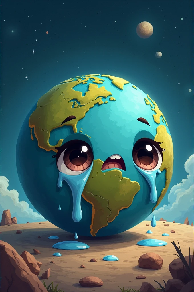 Create a cute image of planet Earth crying super destroyed