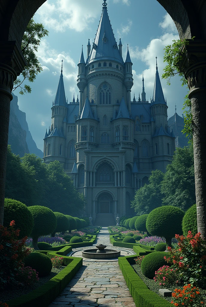 Castlevania castle with a beautiful garden in front